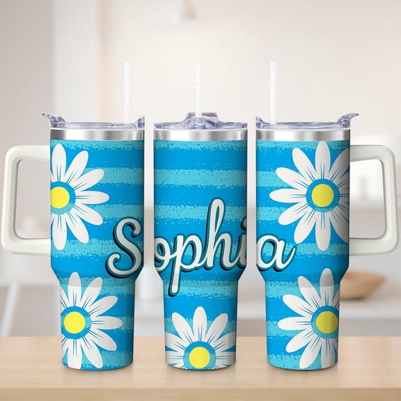 Daisy Blue Striped Stainless Steel Insulated Mug with Lid and Handle, 30oz
