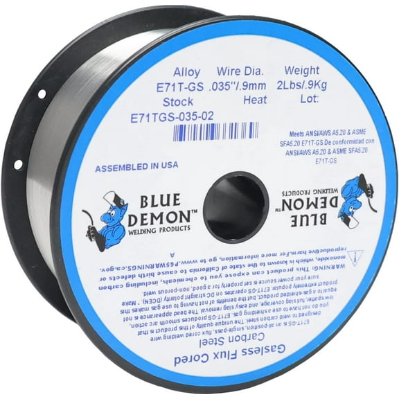 Blue Demon E71TGS X .035” X 2 LB MIG/GMAW Gasless Flux Core Carbon Steel Welding Wire, All Position, Easy Slag Removal, Formulated to Provide Porosity-Free, X-Ray Quality Welds