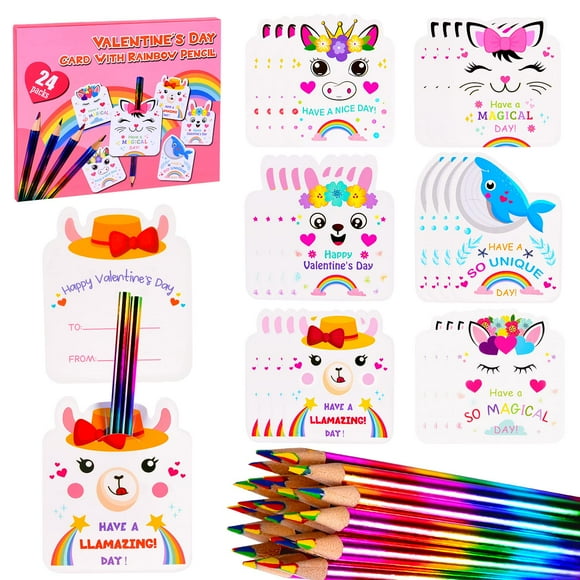 digi marker Valentines Cards for Kids Classroom- 24 Packs Rainbow Pencils with Animal Cards Kits Valentine Party Favors for Boys Girls, Kids Exchange Cards for School Valentines Day Gifts