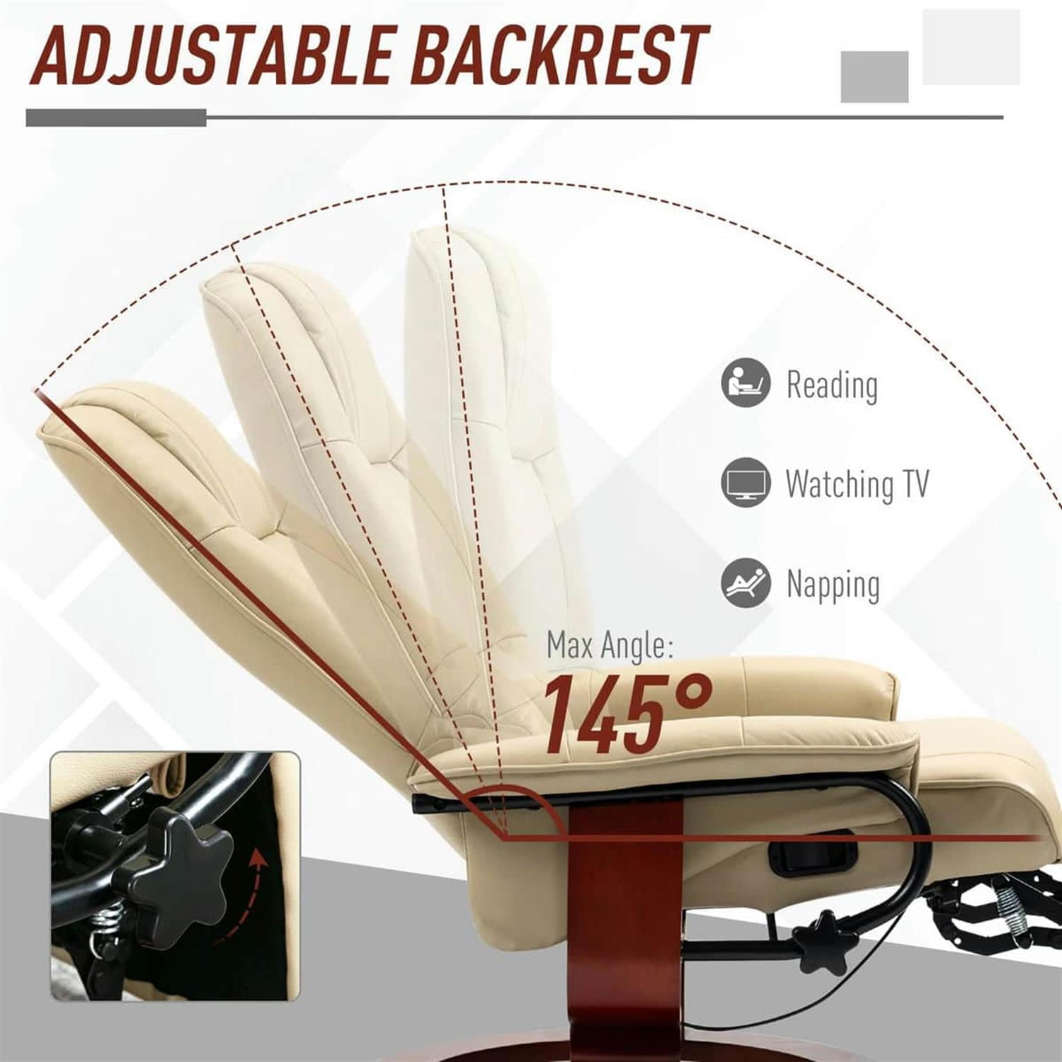 Demi Bonn 39" Faux Leather Swivel Recliner with Footrest, Armrest and Wooden Base for Living Room, Comfort High-Backed Sofa Chair, Beige