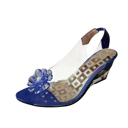 CHOII 50% Clearance Women s Ladies Sweet Fashion Wedges Crystal Flower Peep Toe Sandals Shoes High-heeled Sandals Transparent Upper  Bloom your Beauty Ankle Strap Sandals Comfort Sandals Blue/8.5