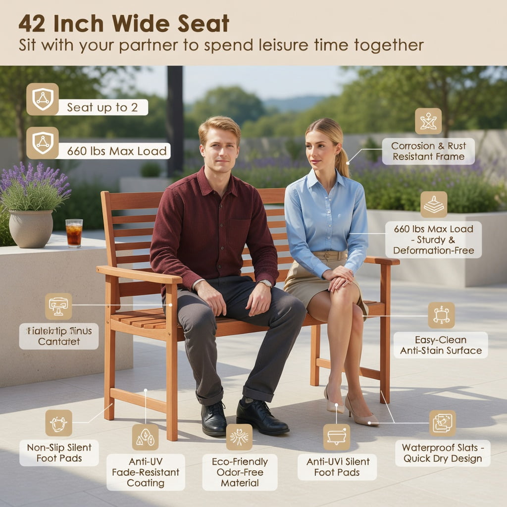 Hommoo Teak Solid Wood Outdoor Loveseat Bench, 2-Seat Patio Bench with Ergonomic Inclined Backrest, Slatted Ventilated Seat & Reinforced Crossbar Support, Natural