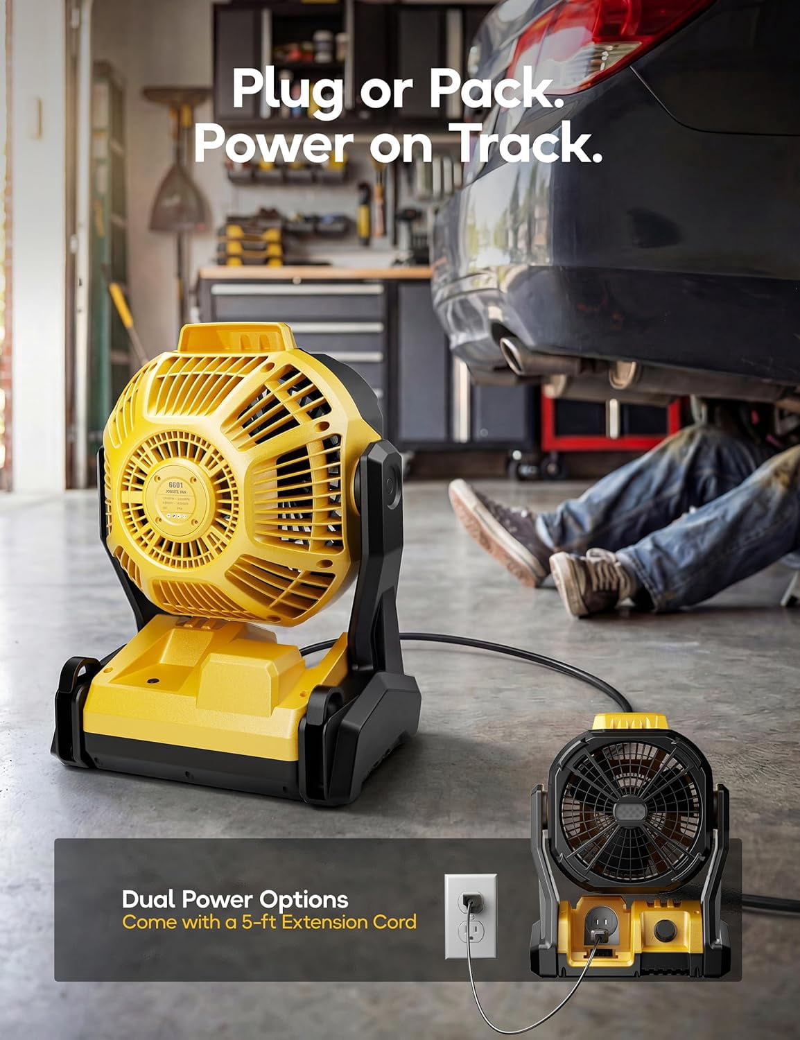 Battery Operated Fan, for DEWALT 20V Max Battery, Camping Fan Cordless, Option for Corded, with LED Lights, Variable Speed, Hook for Hanging, for Jobsite(Battery Not Included)