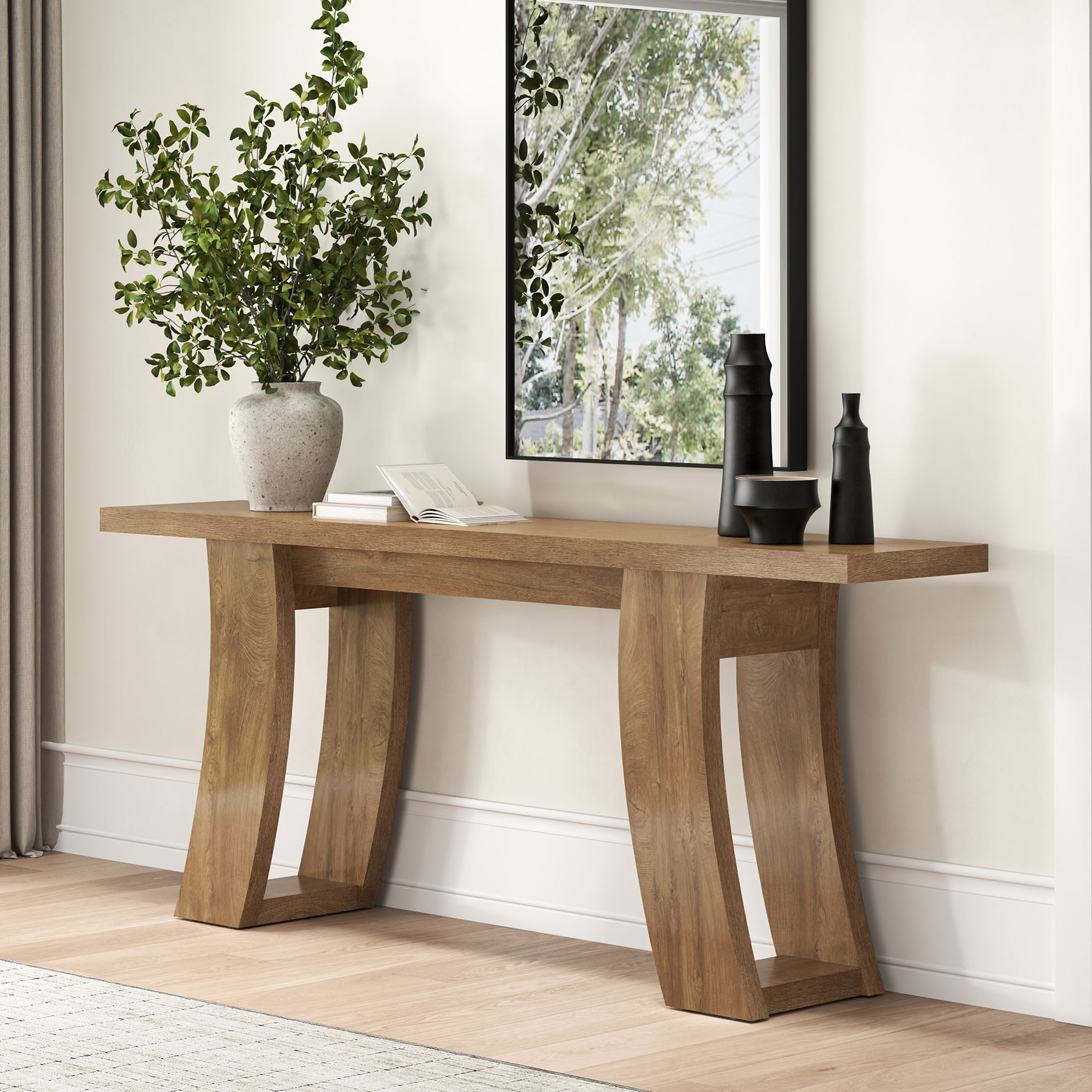 Epecoya 70.9 inch Farmhouse Wood Console Table - Light Brown Oak Entryway Sofa Table with Curved Base for Living Room or Hallway