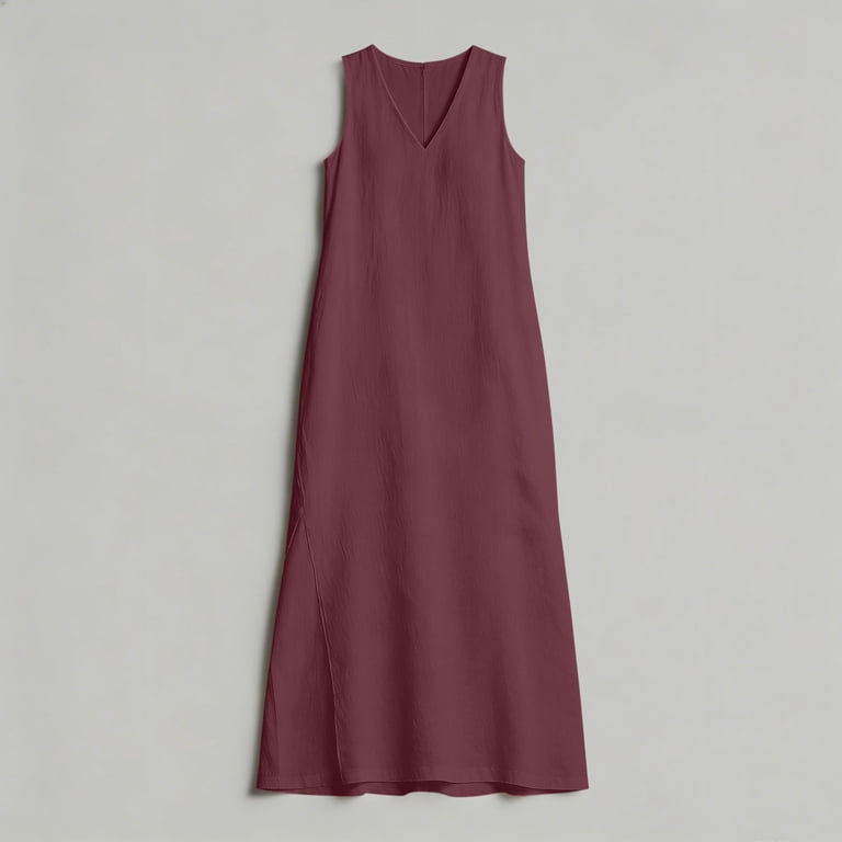 Bosfbaoi Dresses For Women Linen Maxi Dress V-Neck Sleeveless Summer Dress with Side Slit Casual Flowy A-Line Womens Dresses Beach Vacation Dress