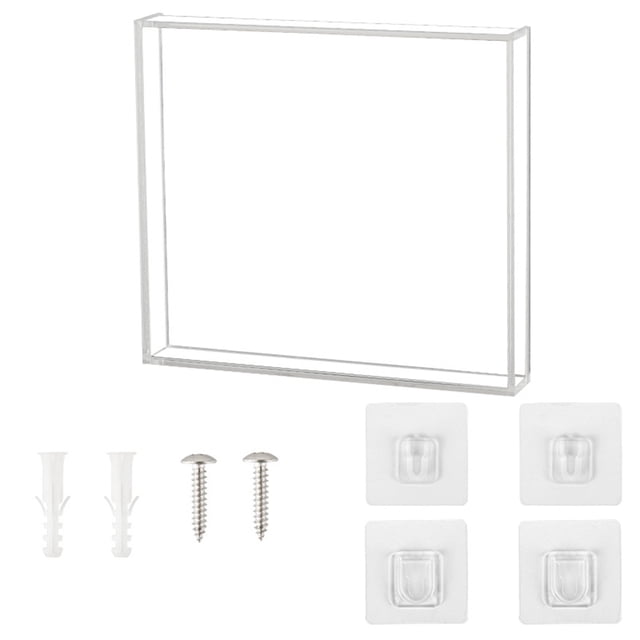 caja de exhibición de pared universal para discos cd, gabinete de almacenamiento transparente, soporte de acrílico para libros, archivos, revistas y tarjetas. Caja cuadrada frontal de acrílico transparente (15.20 x 13.60 x 2.20 cm) con bordes pulidos, mostrada con dos tornillos metálicos, dos tacos de pared y cuatro ganchos adhesivos claros para montaje por hebilla o tornillo; fondo blanco minimalista que resalta el marco de lámina acrílica. Su tamaño compacto la hace adecuada también para exhibir CDs, libros firmados o pequeños objetos de colección.