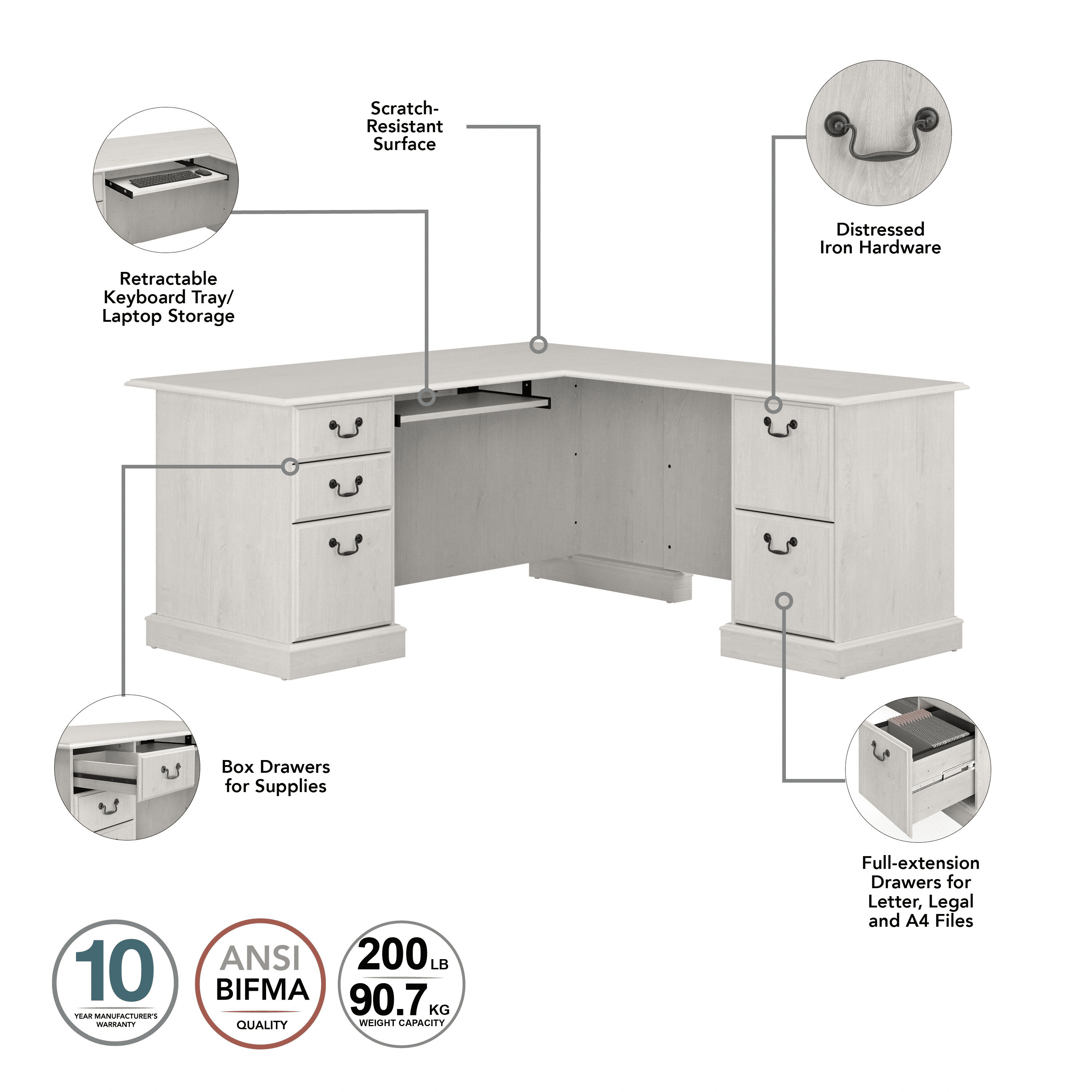 Bush Furniture Saratoga L Shaped Computer Desk with Drawers in Linen White Oak