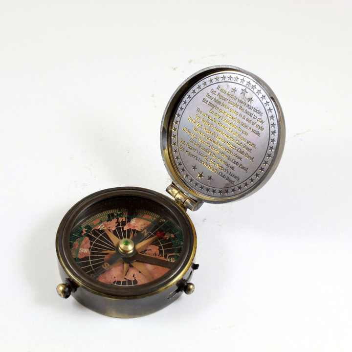 Antique Nautical Brass Pocket Compass with Engraved Text Metal and Alloy Leather Case