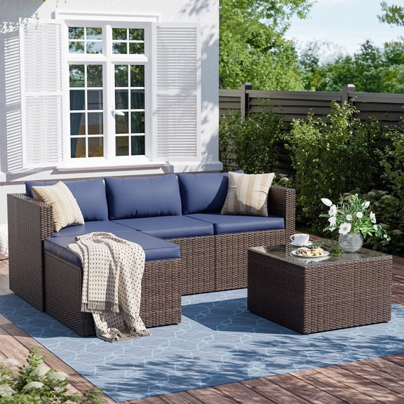 ELPOSUN 3-Piece Patio Furniture Set,Patio Conversation Set All-Weather Wicker Outdoor Sectional Sofa Set with Table & Cushions, Blue