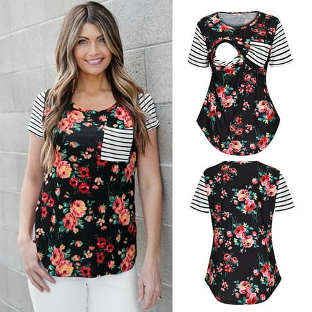 

Women Maternity Short Sleeve Floral Print Nursing Tops T-shirt For Breastfeeding /M