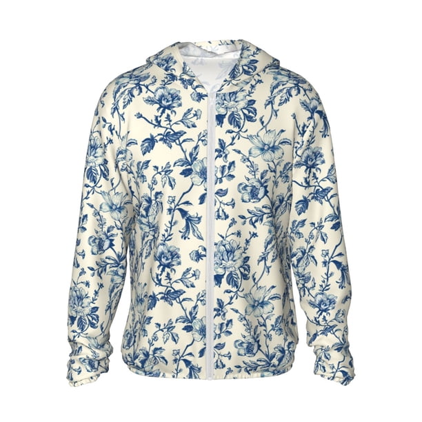 Fotbe Vintage Blue Floral Chaqueta con Protección Solar UPF 50+ para Hombre y Mujer, Camisa con Capucha y Bolsillos-Medium