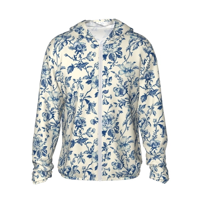 Fotbe Vintage Blue Floral Chaqueta con Protección Solar UPF 50+ para Hombre y Mujer, Camisa con Capucha y Bolsillos-Medium