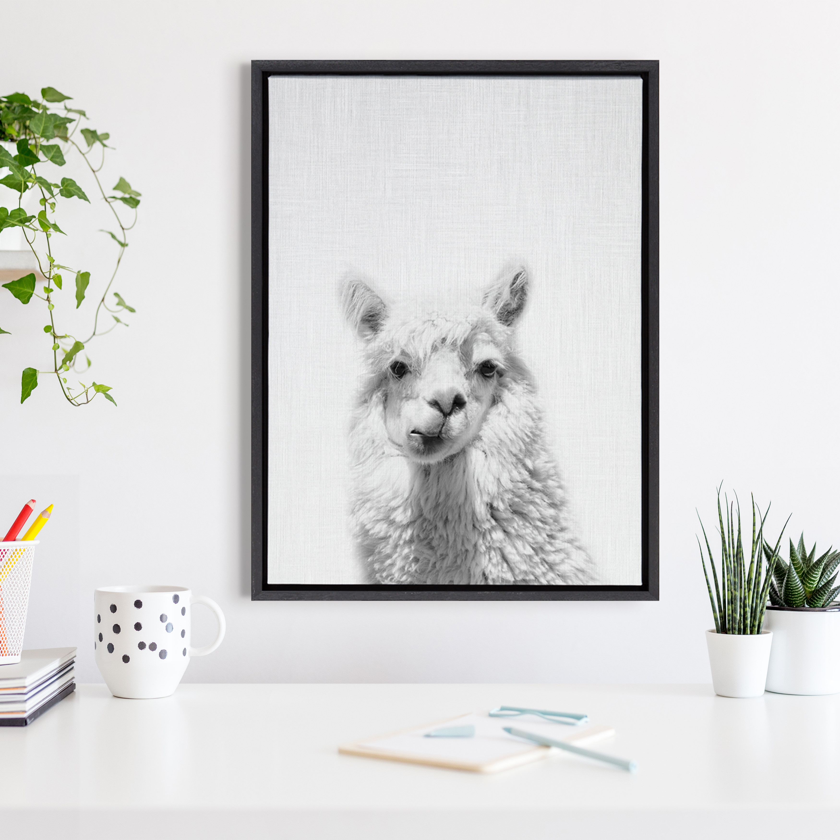 Kate and Laurel Sylvie Alpaca Black and White Portrait Framed Canvas Wall Art by Simon Te Tai, 18x24 Black