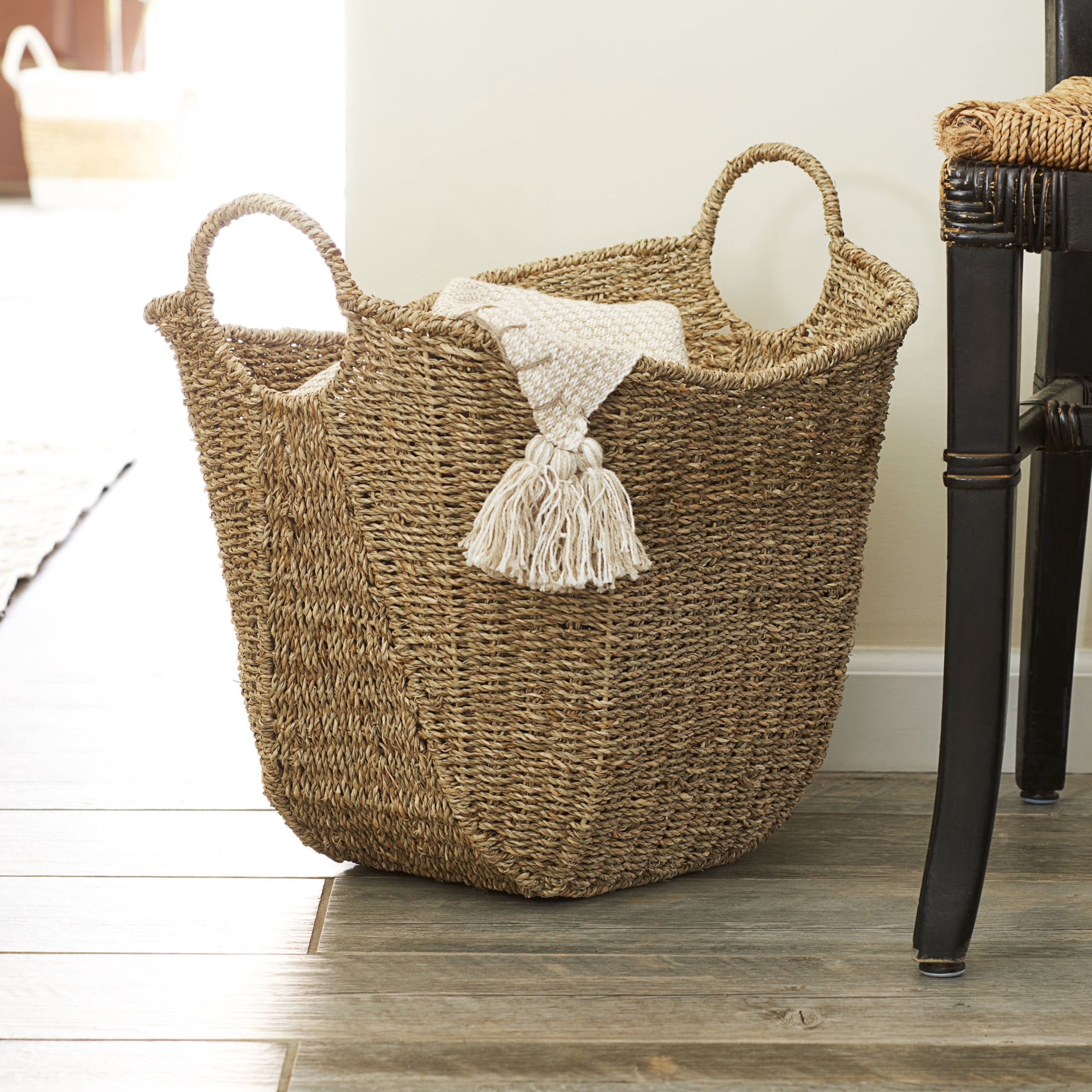 Household Essentials Natural Seagrass Basket with Handles, Natural Woven Wicker Storage Basket, Great for Decoration or Organization