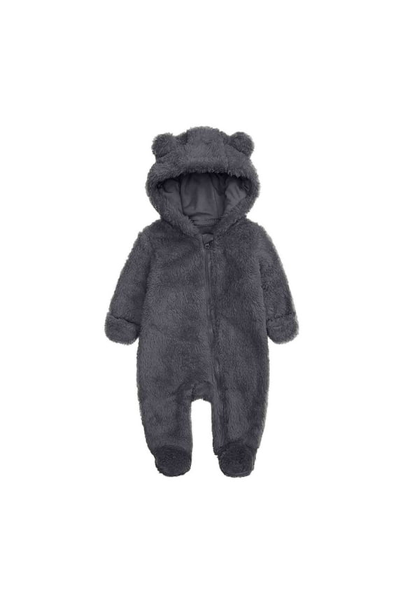 Newborn Baby Solid Hooded Jumpsuit Warm Fleece Sherpa Winter Romper Onesie Fuzzy Infant Bear Ear Hooded Snowsuit for Boys Girls
