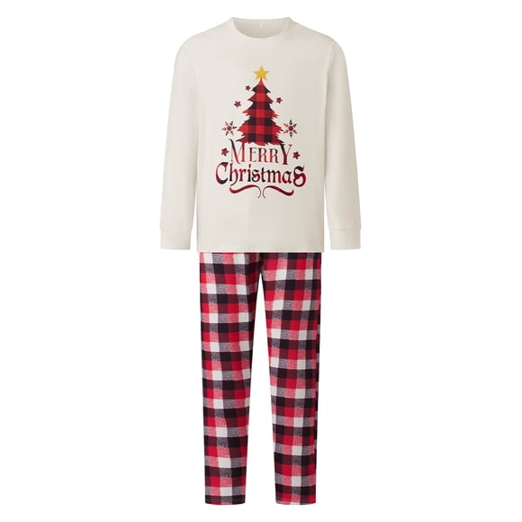 Conjunto de pijama navideño familiar a juego, camisetas de manga larga con estampado de árbol de Navidad y pantalones a cuadros. Ropa de dormir navideña.