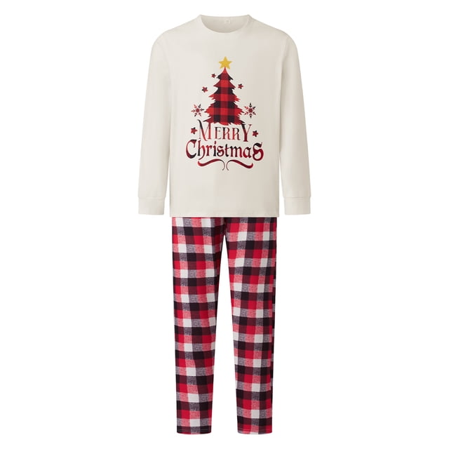 Conjunto de pijama navideño familiar a juego, camisetas de manga larga con estampado de árbol de Navidad y pantalones a cuadros. Ropa de dormir navideña.