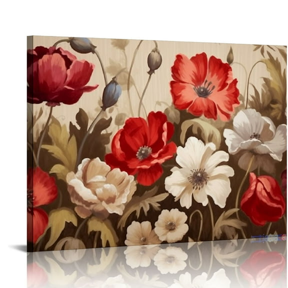 JEUXUS Vintage Wall Art Red and Brown Flowers Painting on Canvas Bedroom Wall Decor Blossom Floral Picture Home Kitchen Living Room Decoration Framed Ready to Hang 20x16 inch