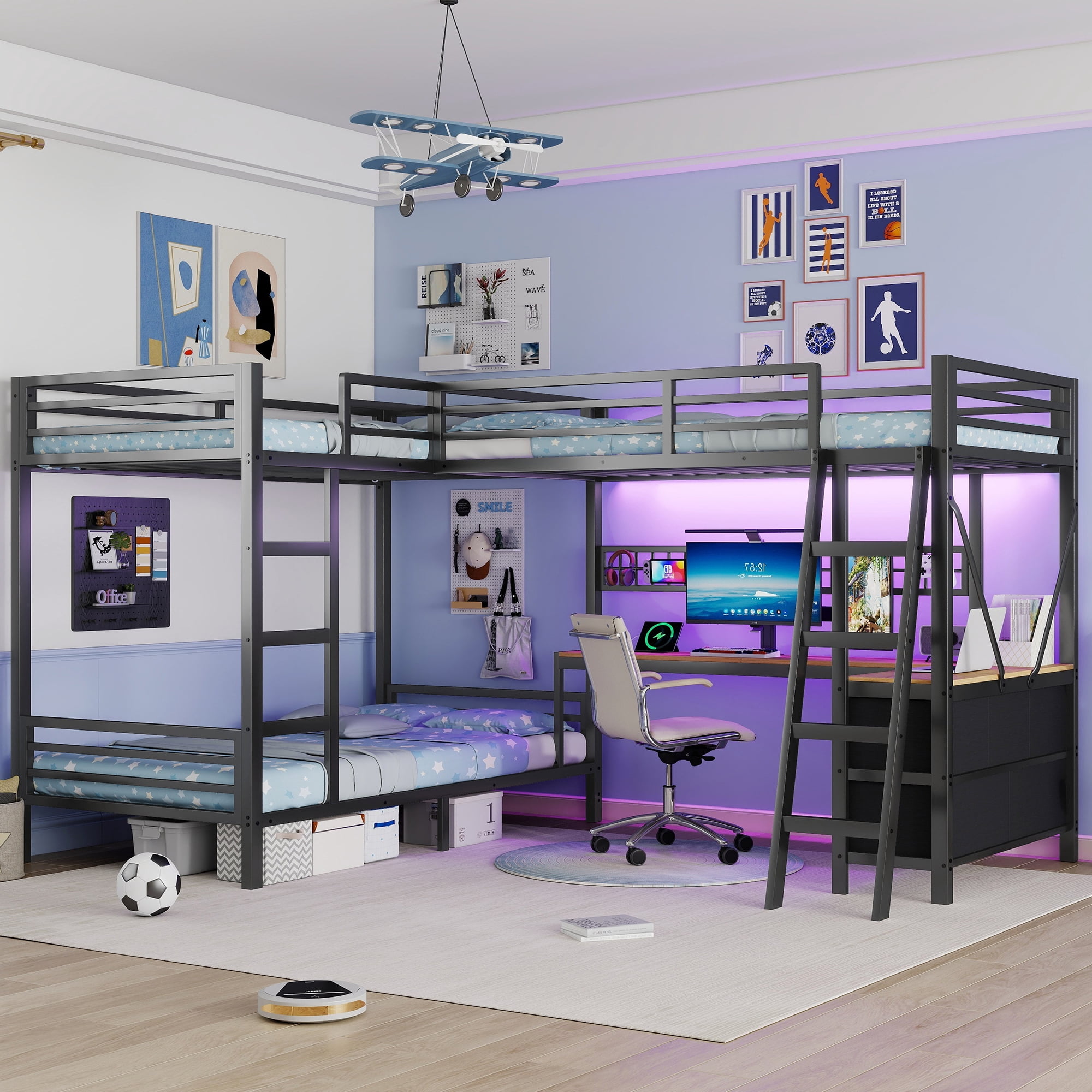 HOQBN L-Shaped Triple Bunk Bed with L-Shaped Desk and 5 Lagre Drawer,Twin Over Twin Over Twin Bunk Bed Frame with Charging Station,LED Lights,DIY Grid and Ladder,Black