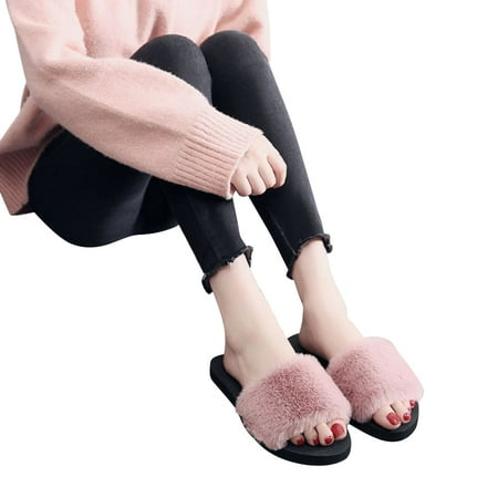 

Sacredtree Fur Solid Color Slippers Home Anti-Slip Warm Cotton Trailer Shoes