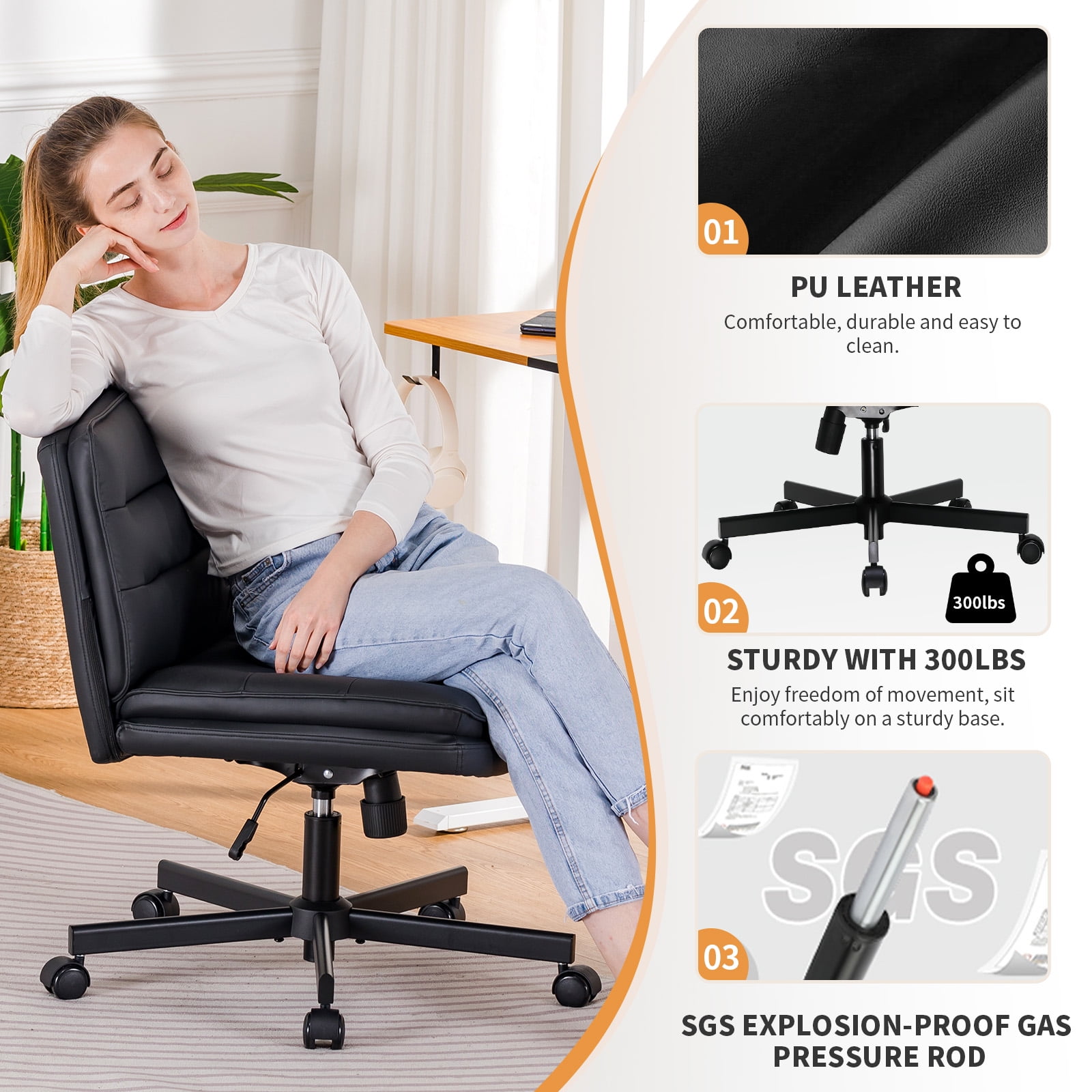 COMHOMA Armless Office Desk Chair with Wheels, PU Leather Padded Cross Legged Office Chair, Modern Swivel Vanity Chair Height Adjustable Wide Seat Computer Task Chair, Balck