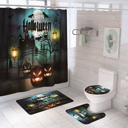 3 Pcs Happy Halloween Bat Scary Castle Horror Bath Rugs Set,Bath Rug Mat + Contour Mat + Toilet Seat Cover, Super Soft Rugs