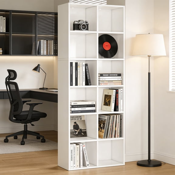 KIOOTTO 12-Cube Storage Organizer, 72" Tall Modern Bookcase and Display Shelf, Vertical or Horizontal Placement for Home Office & Living Room, White