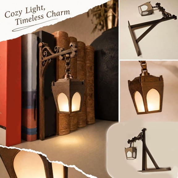 Mini Vintage Wall Lantern Bookend with Warm LED Light, Antique Hanging Street Lamp Book Holder, Decorative Book Stopper for Shelf Desktop Library Home Decor