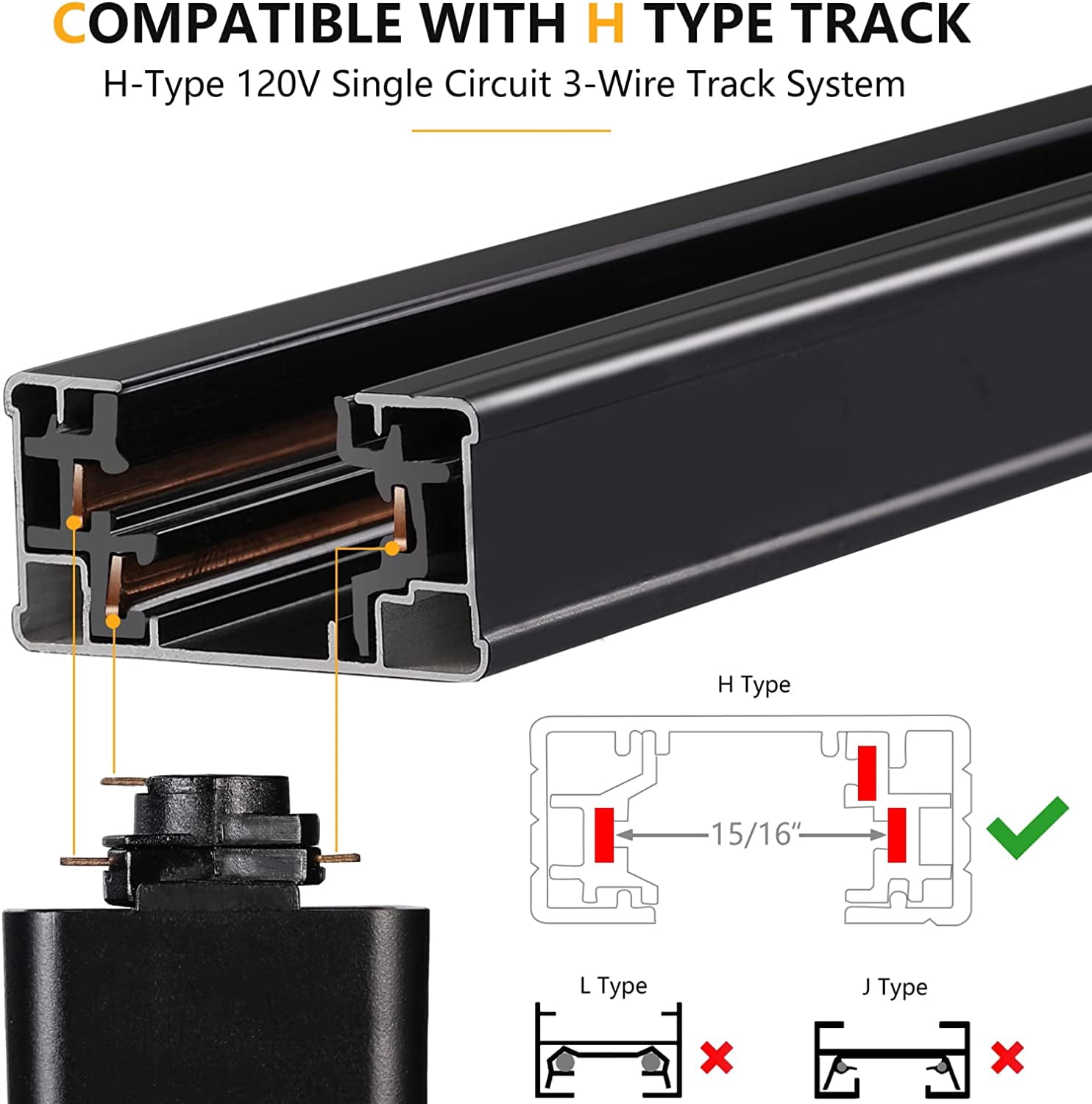 VANoopee 3-Color 20W Dimmable LED Track Lighting Heads H Type - Bright Track Light Fixtures Ceiling Spotlight for Kitchen, 3000K 4000K 5000K Selectable, 6 Pack, Flicker Free CRI90+ 36° 2000lm Black