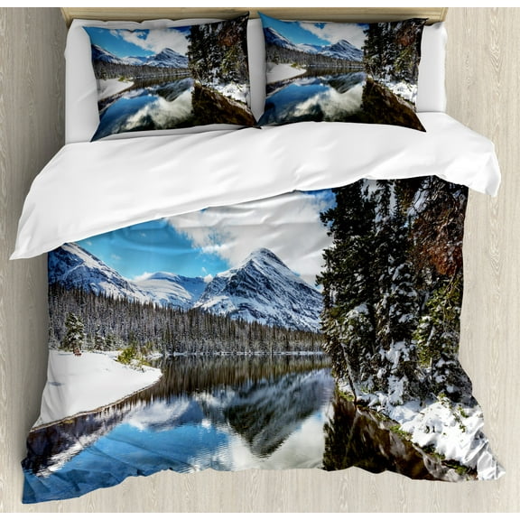 Winter King Size Duvet Cover Set, Tranquil View of Glacier National Park in Montana Water Reflection Peaceful, Decorative 3 Piece Bedding Set with 2 Pillow Shams, Brown Blue White, by Ambesonne