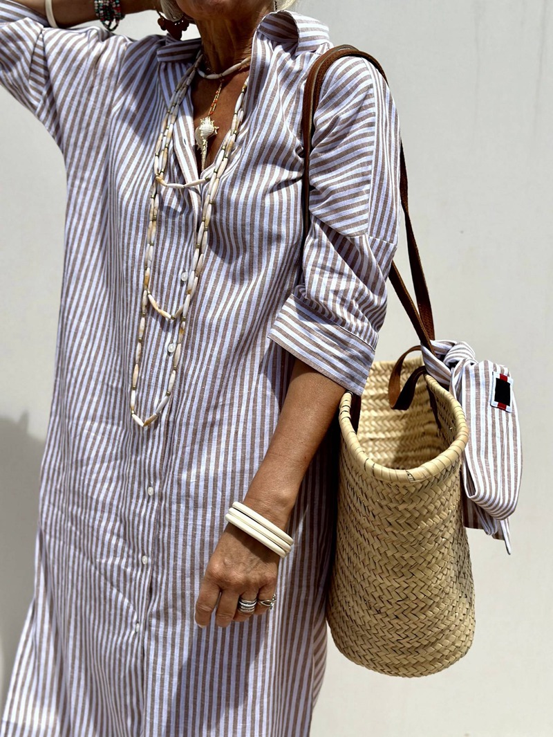 Women'S Shirt Dress Casual Lapel 3/4 Sleeve Button-Down Collar Slit Tie Resort Maxi Dress Brown S