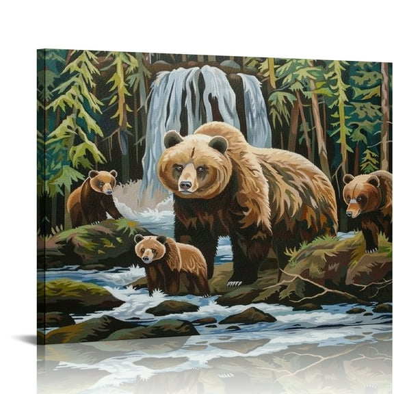 Autua Bear Cubs Forest Waterfall Canvas Print Wall Art Decor 20x16in