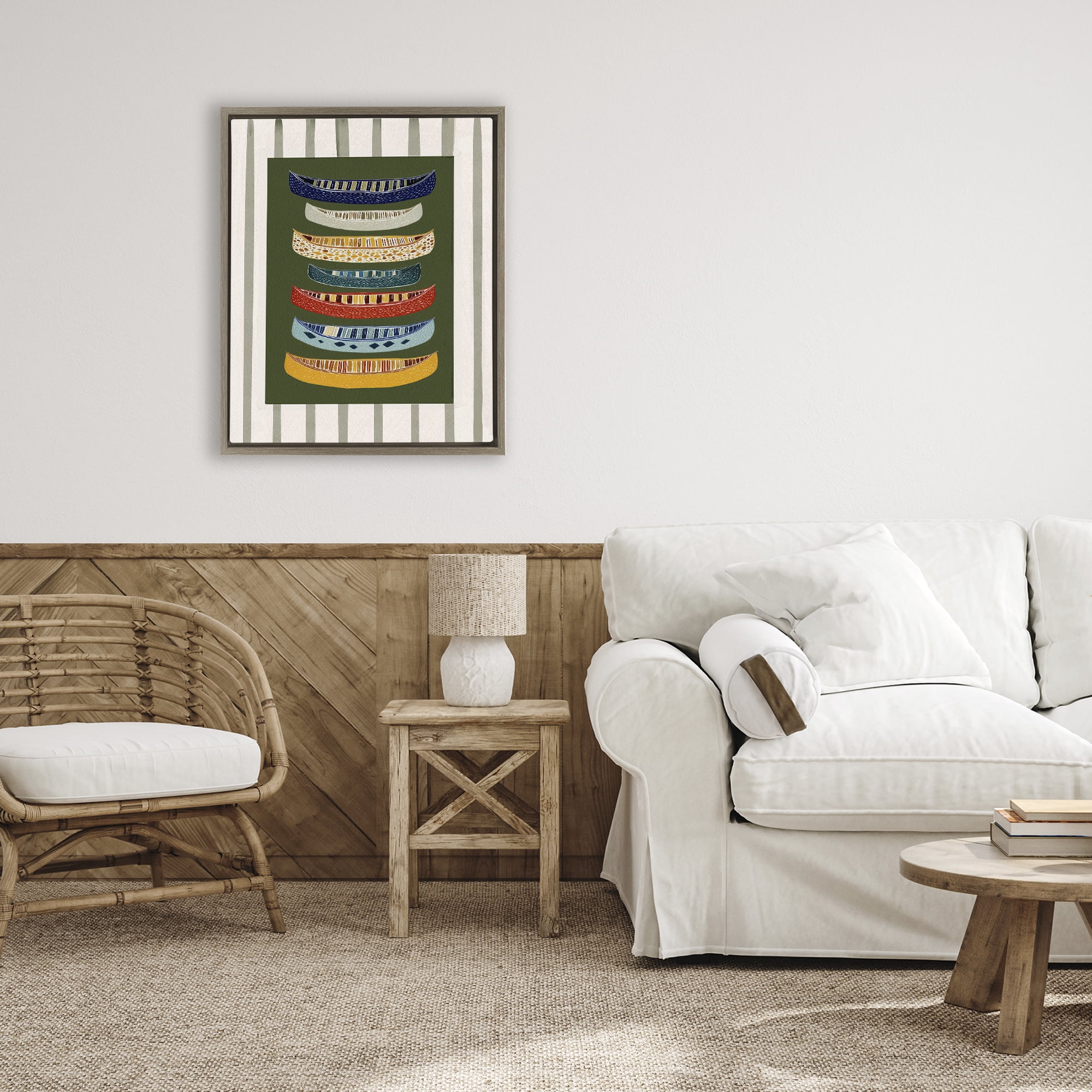 Stupell Industries Patterned Canoes over Stripes Brown Framed Floater Canvas Wall Art, design by Yen