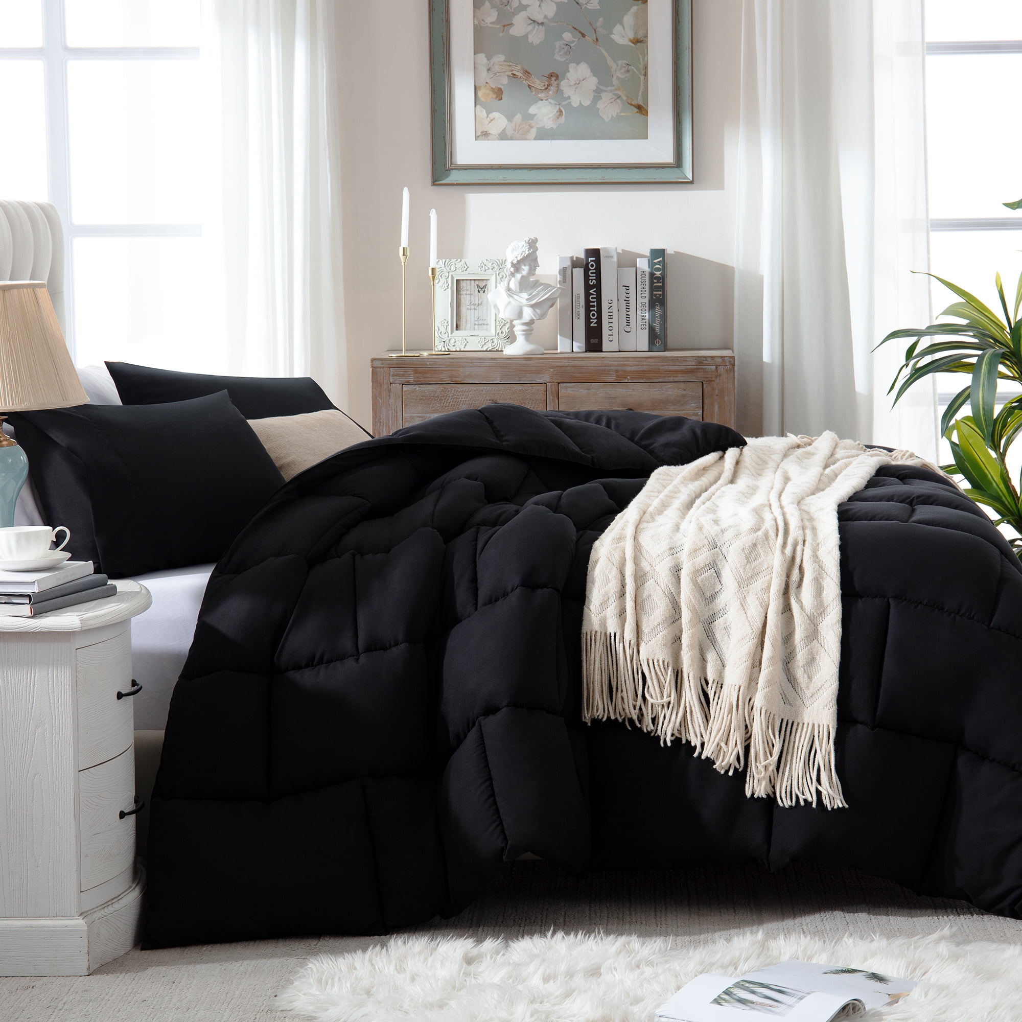 Yalamila Twin Size Comforter Set 2-Piece All-Season Down Alternative Reversible Comforter Set,Dark Black,200GSM Cooling Quilted Duvet Insert, 95GSM Soft Cover Bed in a Bag