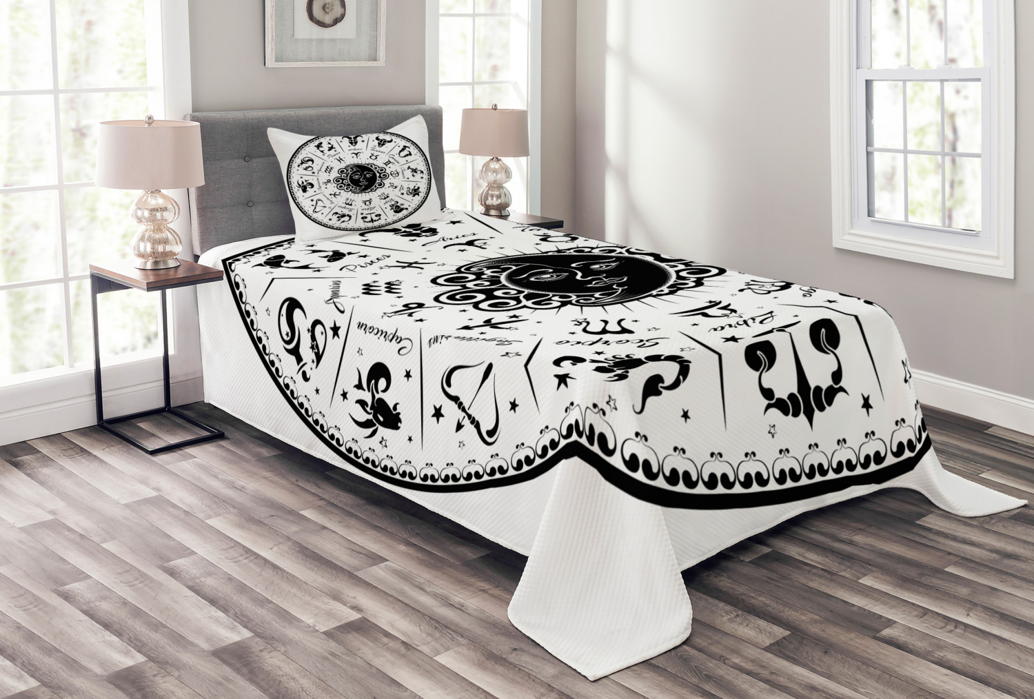 Zodiac Bedspread Set, Minimalist Rounded Symbols Mystical Outer Space