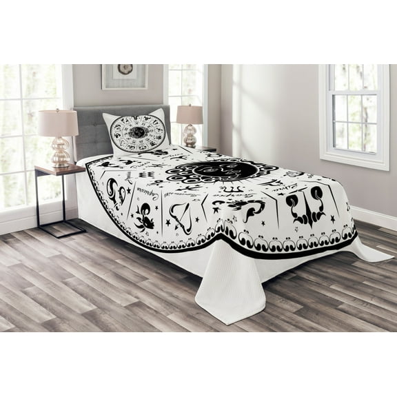 Ambesonne Astrology Quilted Bedspread Set 2 Pcs, Black White Zodiac, Twin Size, Black White