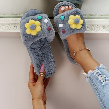 

YTJX Women Slip-On Furry Flowers Flat Home Winter Open Toe Keep Warm Slippers Shoes