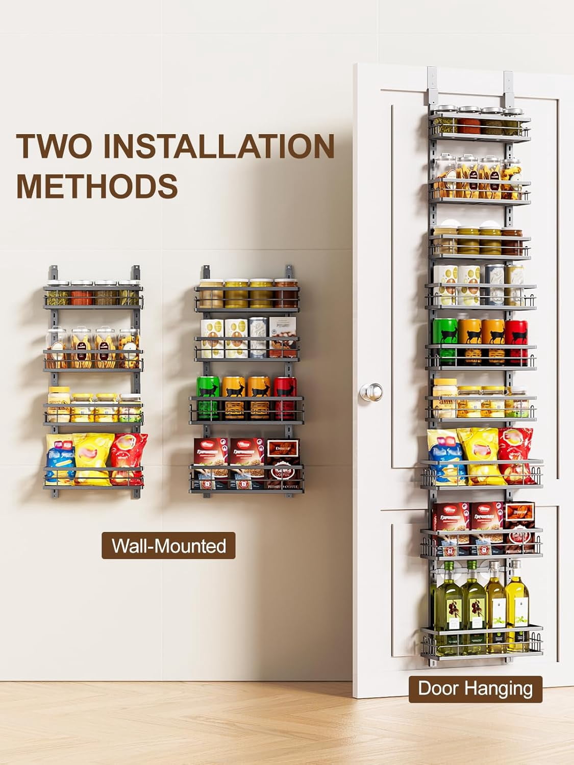 Delamu Kitchen Over the Doors Organizer, Adjustable 9-Tier Pantry Door Organizers and Storage, Hanging Spice Rack Shelves, Laundry Room Organization, 74in, Black