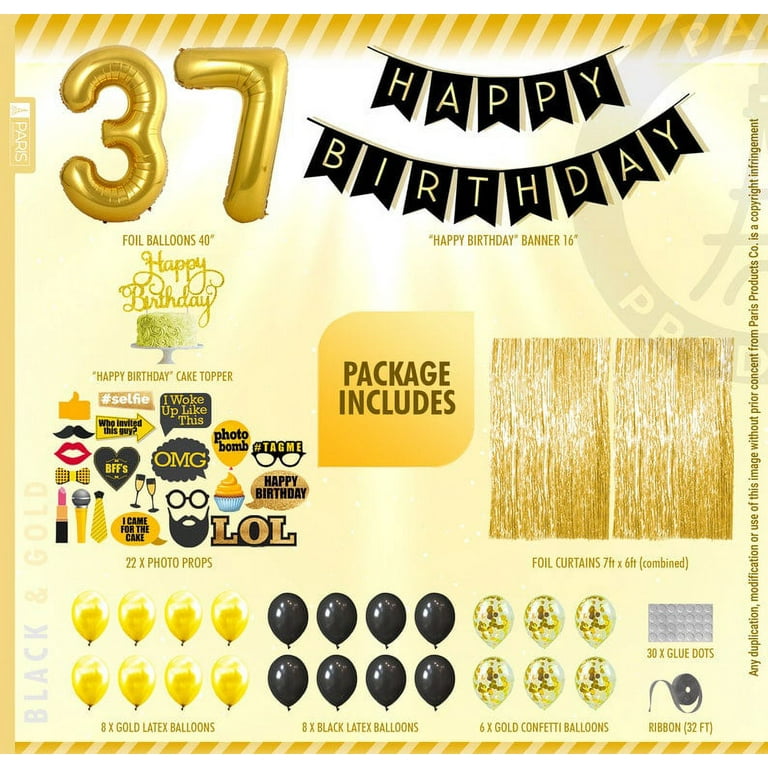 37th Birthday Decoration Black and Gold for Boy & Girl, 37th Cake Topper, 37th Party Supplies for Her and Him, 37th Birthday Photo Props