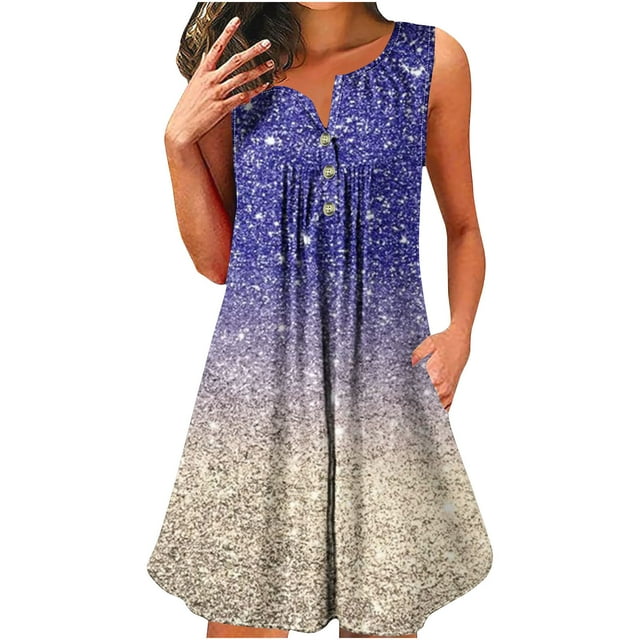 Robe Sans Manches à Col Rond Imprimé Étincelant avec Boutons pour Femmes