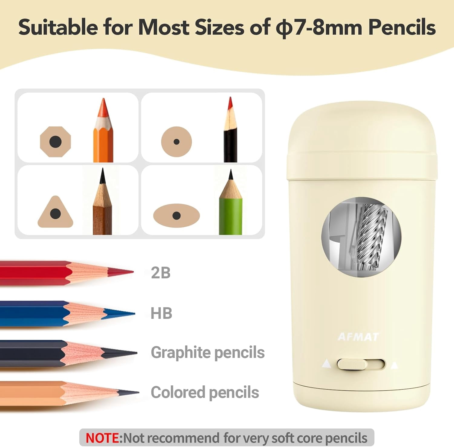 AFMAT Electric Pencil Sharpener, Fully Automatic Pencil Sharpener for 7-8mm Pencils & Colored Pencil, Auto in & Out, Rechargeable Vertical Hands-Free Sharpeners for Classroom/Home/Office,Yellow