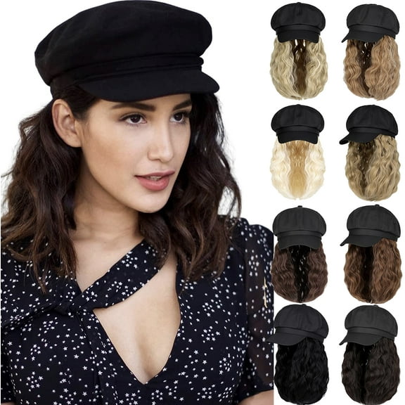 Newsboy Cap with Wavy Curly Hair Extensions for Women Hat Attached Synthetic Wig Short Extensions