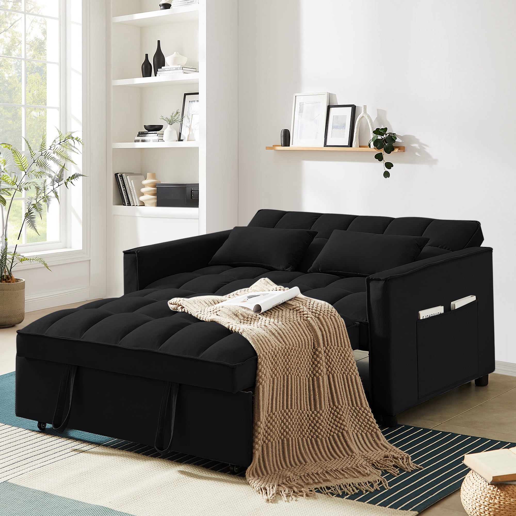 Lunale 4-in-1 Convertible Futon Sofa Bed, Pull Out Couch Beds Loveseat Sleeper, Black Velvet