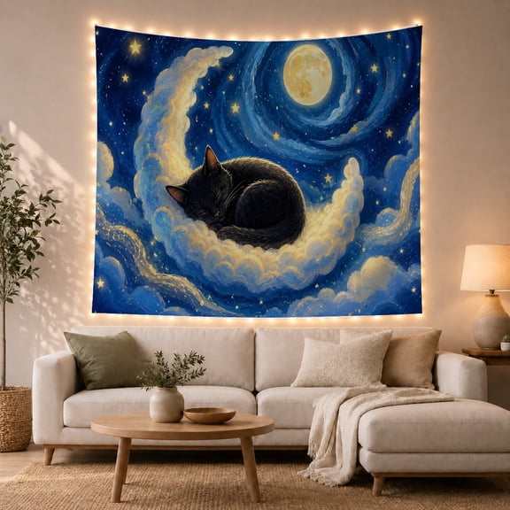 Black Cat Sleeping on Crescent Moon Cloud in Starry Night Sky, Whimsical Celestial Art for Cat Lovers, Mystical Wall Decor, Housewarming Gift, Tapestry Wall Hanging for Bedroom and Dorm