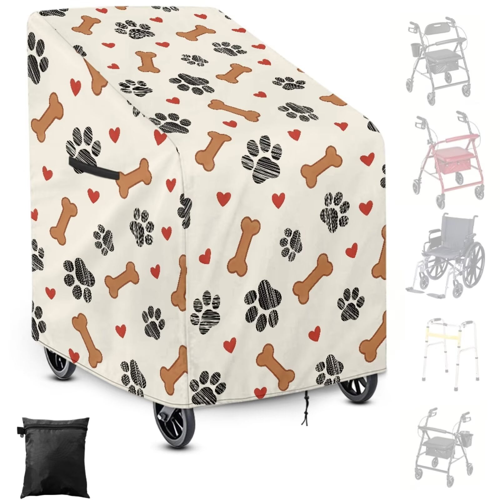 ZIATUBLES Portable Walker Covers, Stain Resistant for Seniors’ Rolling Walker with Seat, Universal Windproof Protective Cover with Adjustable Drawstring and Buckles, Beige Bone Paw Print Heart Print
