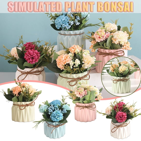 CHENjy Artificial Hydrangea Potted Plant, Realistic Faux Flowers Ceramic Pot, Low Maintenance Small Fake Plant for Desk Office Home Decor