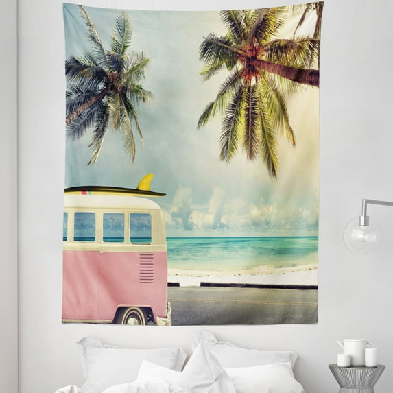 Colorful Tapestry, Minivan the Beach Retro Inspired Vacation Clouds in Summer Sky Honeymoon Destination, Fabric Wall Hanging Decor for Bedroom Living Room Dorm, 5 Sizes, Multicolor, by Ambesonne