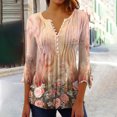 thumbnail image 2 of Pompotops Women's Casual Trumpet 3/4 Sleeve Printed Buttoned Basic Ruched Tops Pleated T-shirts Blouses Clearance, 2 of 5