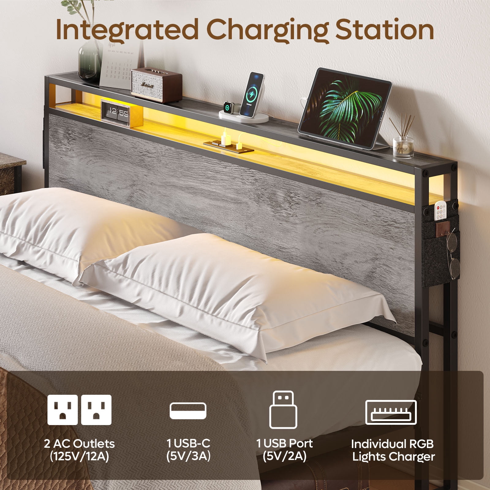 Bestier King Size Bed Frame with Charging Station and  2 USB Ports and Outlets,LED Light Storage Headboard,Noise Free Design,Grey