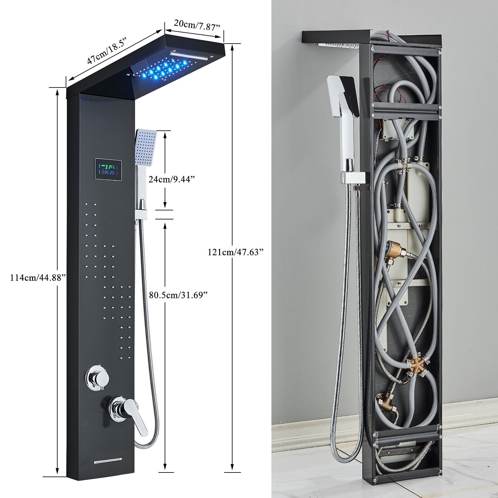 Black LED Shower Panel Tower System Rain&Waterfall Massage Jets Stainless Steel